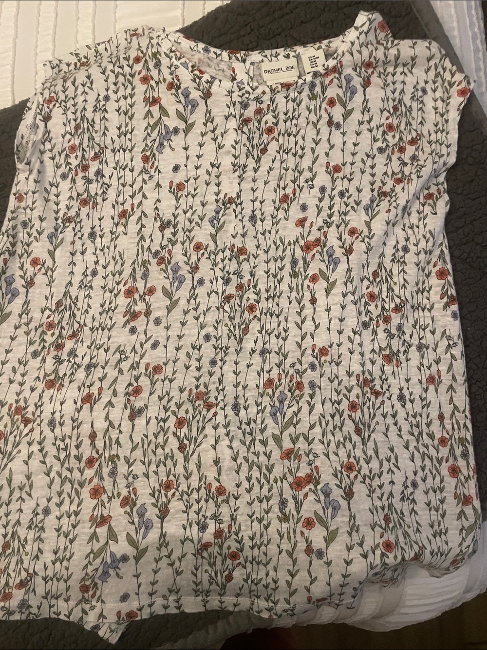 Rachel Zoe Cream Floral Cotton Throw with Green Vine & Rust-Blue Blooms